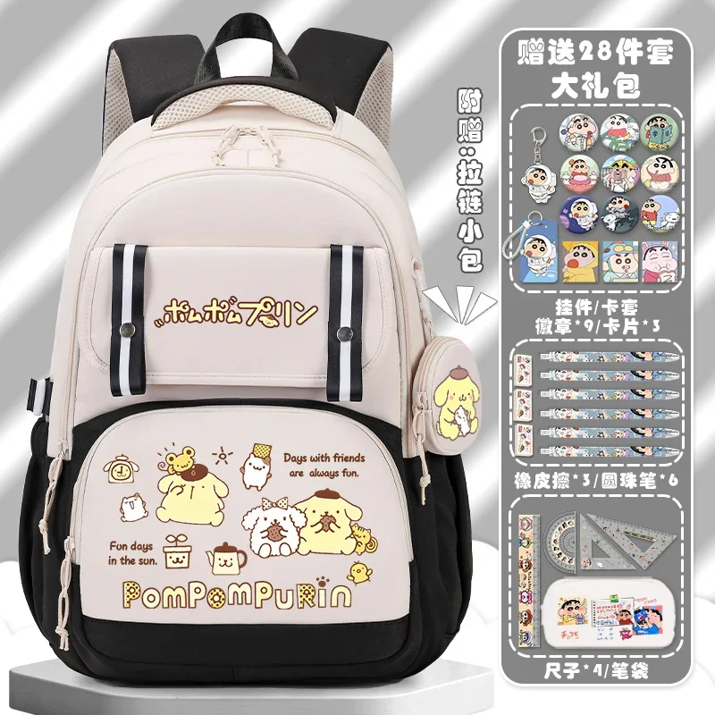 Sanrio Pom Pom Purin Cartoon estudante mochila, mochila leve para meninas, grande capacidade, bonito, novo