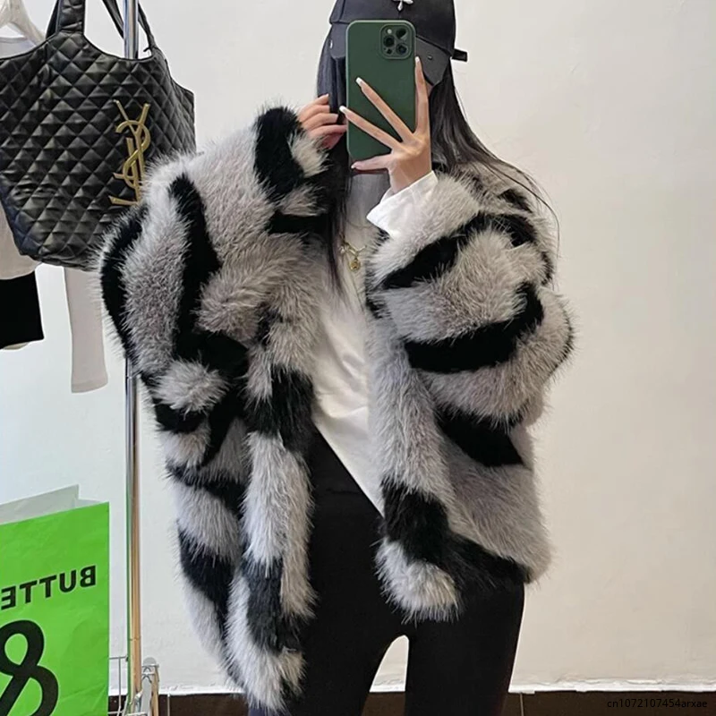 Sobretudo com capuz de pele de raposa do falso das mulheres, Casaco grosso quente Baggy Faux Fur do inverno, Cool Street Coat, Girls Outerwear, Y2K