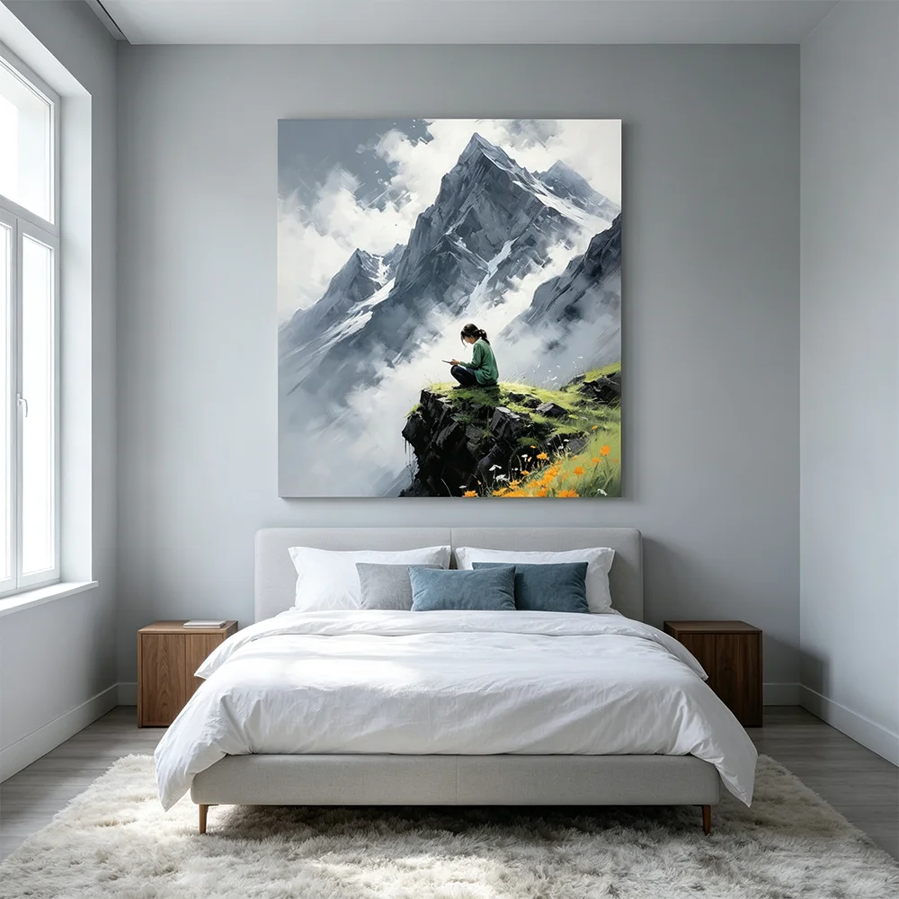 1pc Modern Canvas Art Print - Unframed Girl on The Mountaintop Painting Poster Wall Decor for Living Room, Bedroom, Office, Cafe