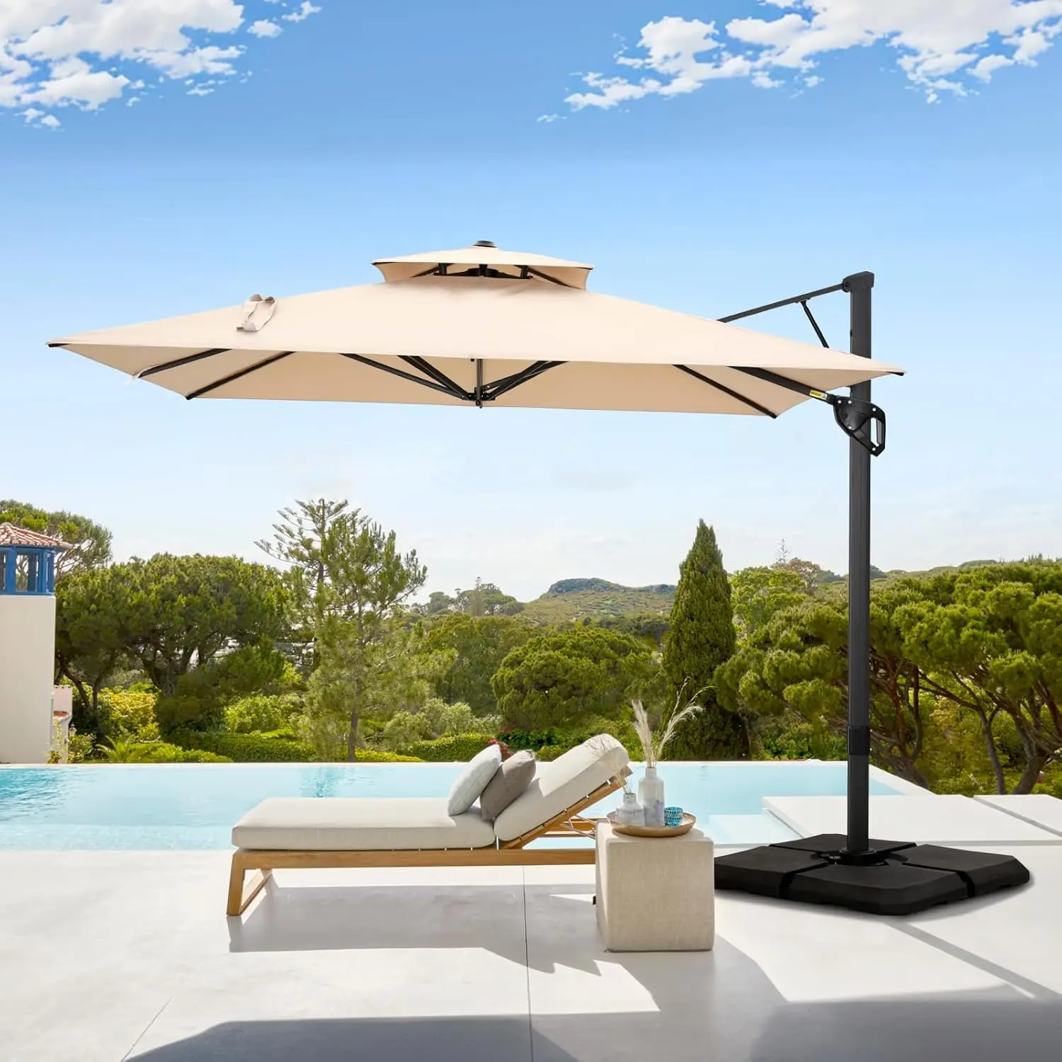 #￥for10x10ft Cantilever Patio Umbrella 360° Rotation UV Fade-Resistant Offset Hanging Umbrella Garden Deck Poolside Beige