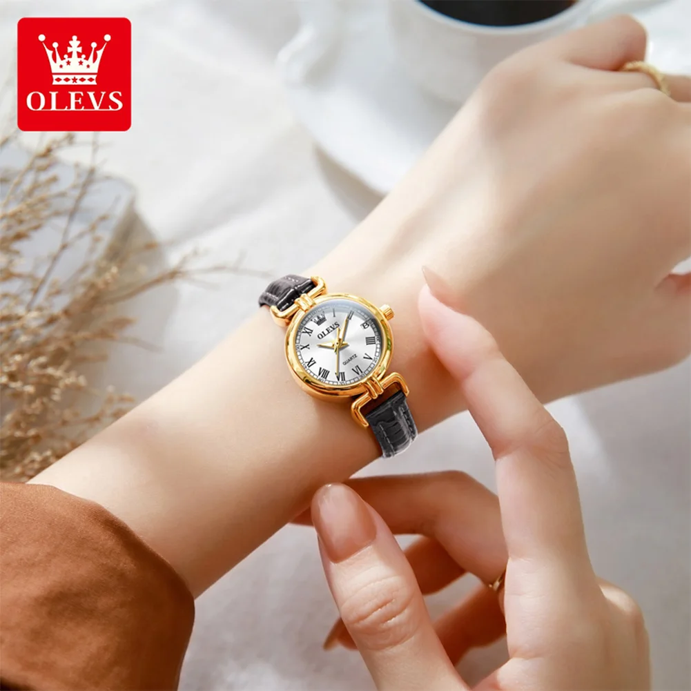 OLEVS 5645 Original Leather Strap Watch For Women Original Quartz Wristwatch Waterproof Luminous Auto Date Luxury Women Gift