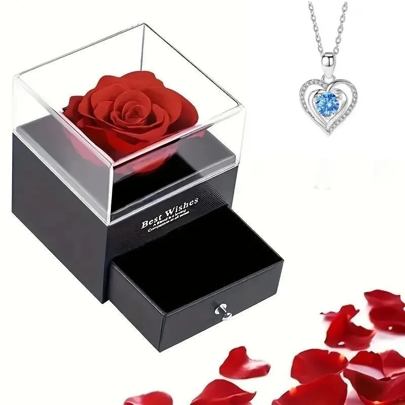 

Elegant Heart Blue Zircon Pendant Necklace With Luxury Rose Flower Gift Box For Women Wedding Gift 2024 New In Jewelry