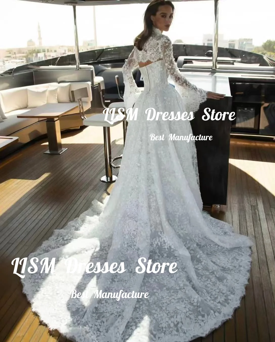 Lism Customized Charming Lace Wedding Dress Sweetheart Remove Flare Sleeves Jacket A-Line Luxury Bridal Gown Vestido De Novia