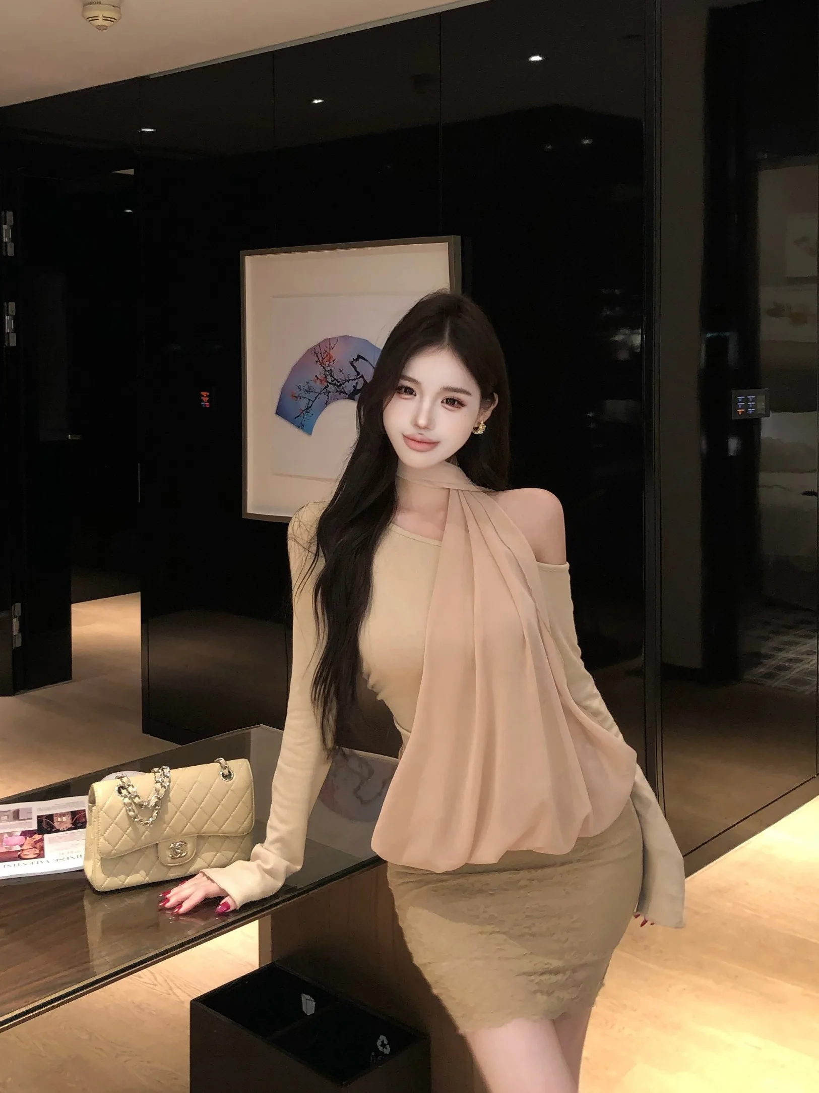 

Женская асимметричная вязаная блузка с бантом на плече, длинный рукав, модная, весна-осень-зима, с элементами комбинированного дизайна