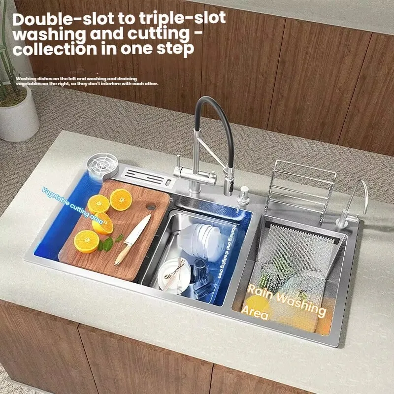 304 Stainless Steel Waterfall Kitchen Sink Large Double Basin Divided Cleaning Compartments Multifunctional Wash Vegetable Basin