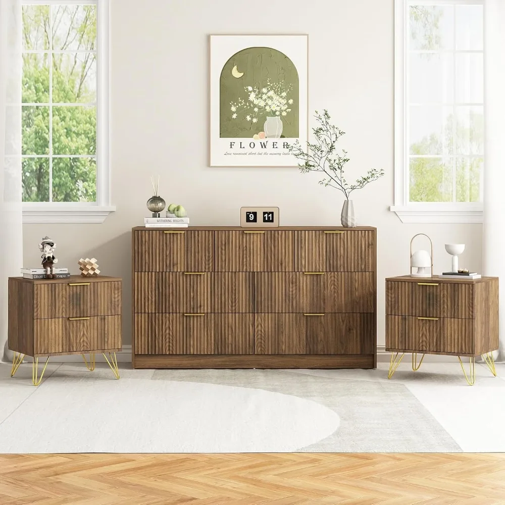 

7 Drawer Dresser And Nightstand Sets For Bedroom, 3 Pcs Bedroom Set，night Stand Set Of 2 & 7 Drawer Dresser