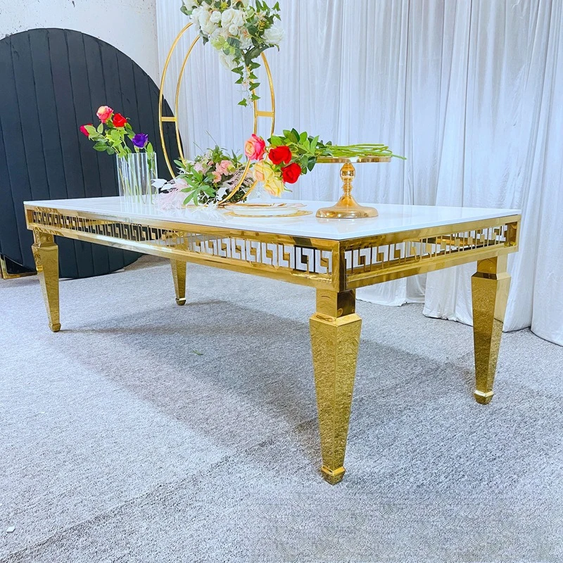 Gold-plated stainless steel rectangular table hotel banquet dining table and chair combination outdoor wedding table