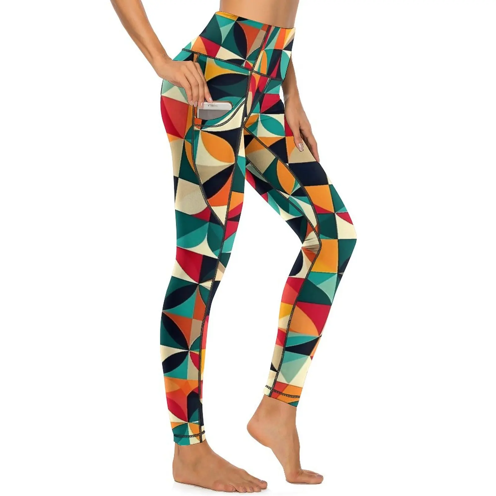 Vintage Geometric Leggings Colorful Print Work Out Yoga Pants High Waist Kawaii Leggins Stretch Sports Tights Birthday Gift