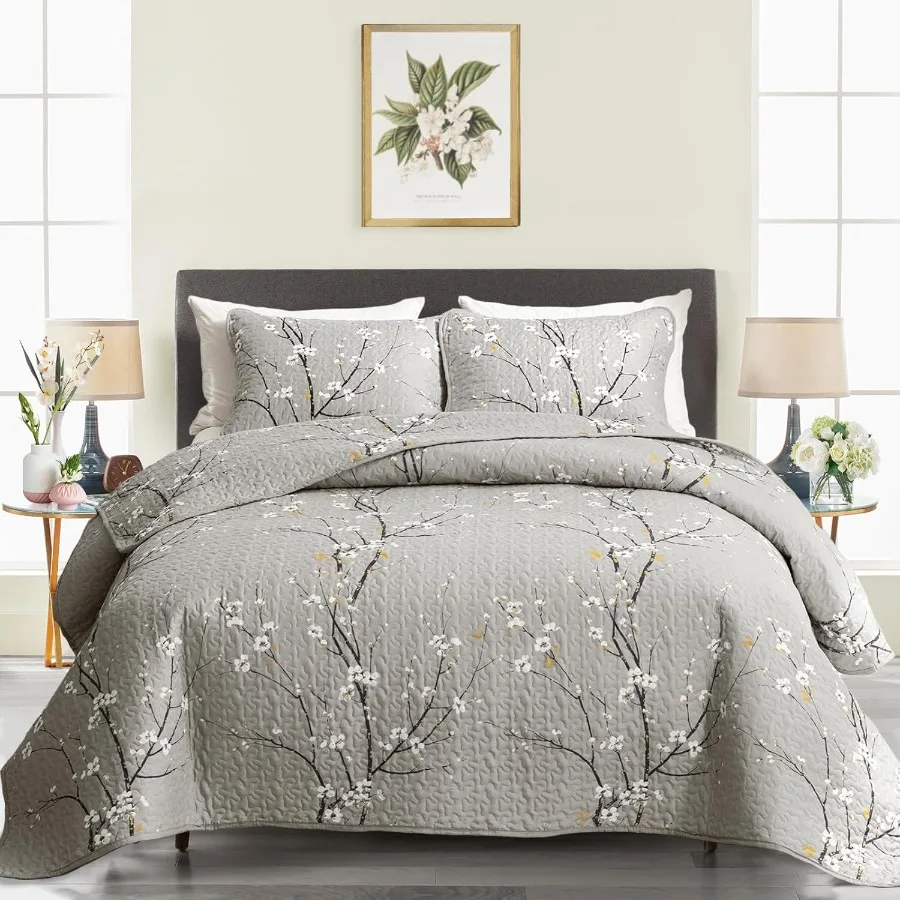 

3 Pieces Quilt Set Queen Full Size 88x88 Gray Branch with White Orange Floral Style Soft Microfiber Lightweight Coverlet Bedspr