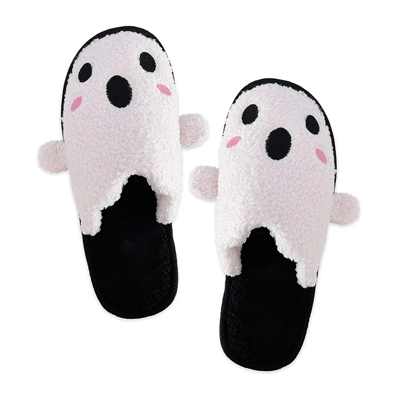 Highland Cow Halloween Ghost Fluffy Slippers Winter Warm Funny Spooky Plush Slipper Indoor House Soft Shoe for Adults Kids Party