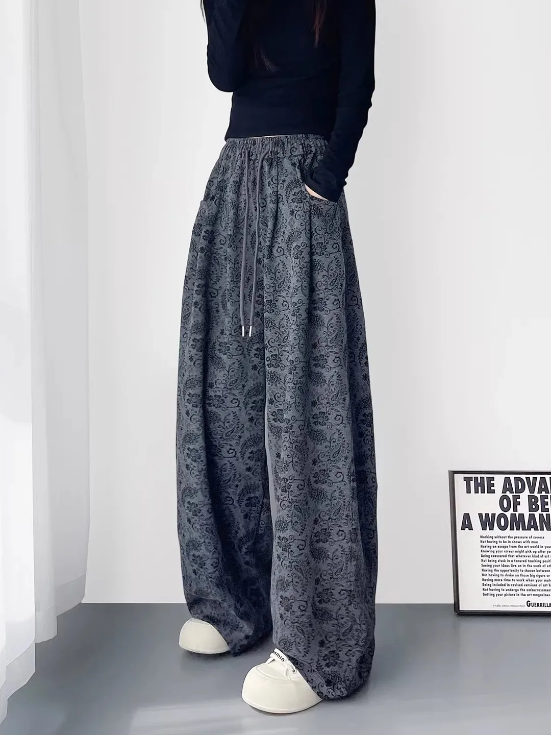 

Мужские повседневные брюки Laid-ba Sle из твида с эластичным поясом на шнурке, свободные, широкие, в пол, длинные