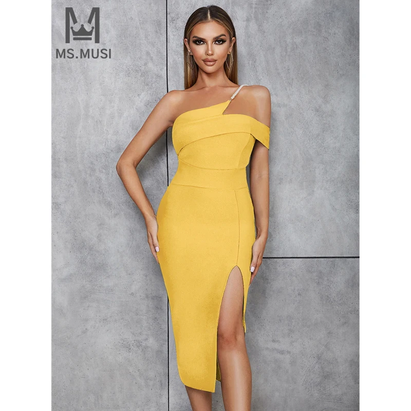 

MSMUSI 2024 New Fashion Women Sexy Strap Off The Shoulder Pearl Beading Draped Sleeveless Bodycon Party Club Slit Midi Dress