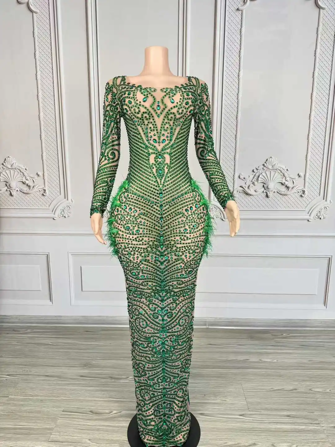 Sexy Elegant Evening Gown Blingbling Green Rhinestones Feather Dress Women Wedding Cocktail Party Photoshoot Stage Wear Costume