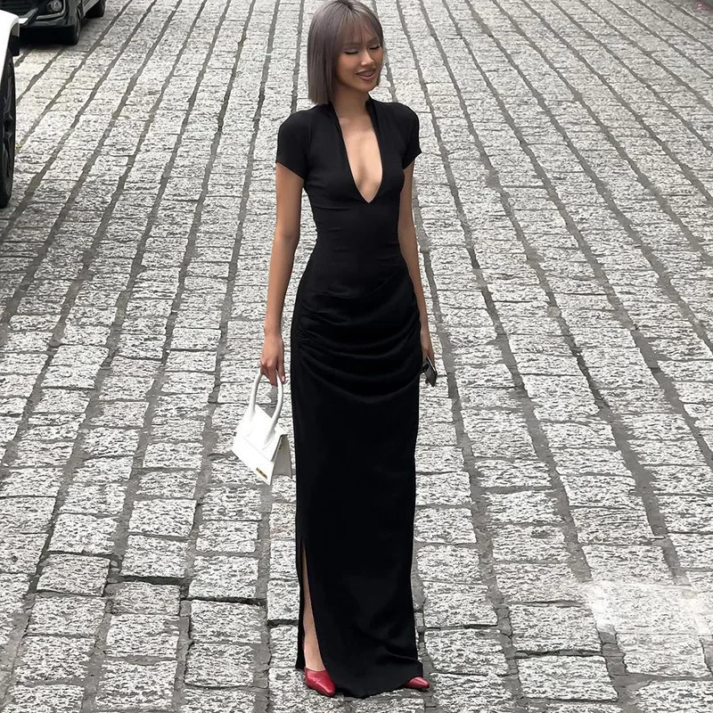 

Women's 2026 Spring New Deep V Short-sleeved Long Dress Black Pleated Slim-fitting Sexy Vestido Plus Size 9XL 8XL 7XL 6XL XXXXXL