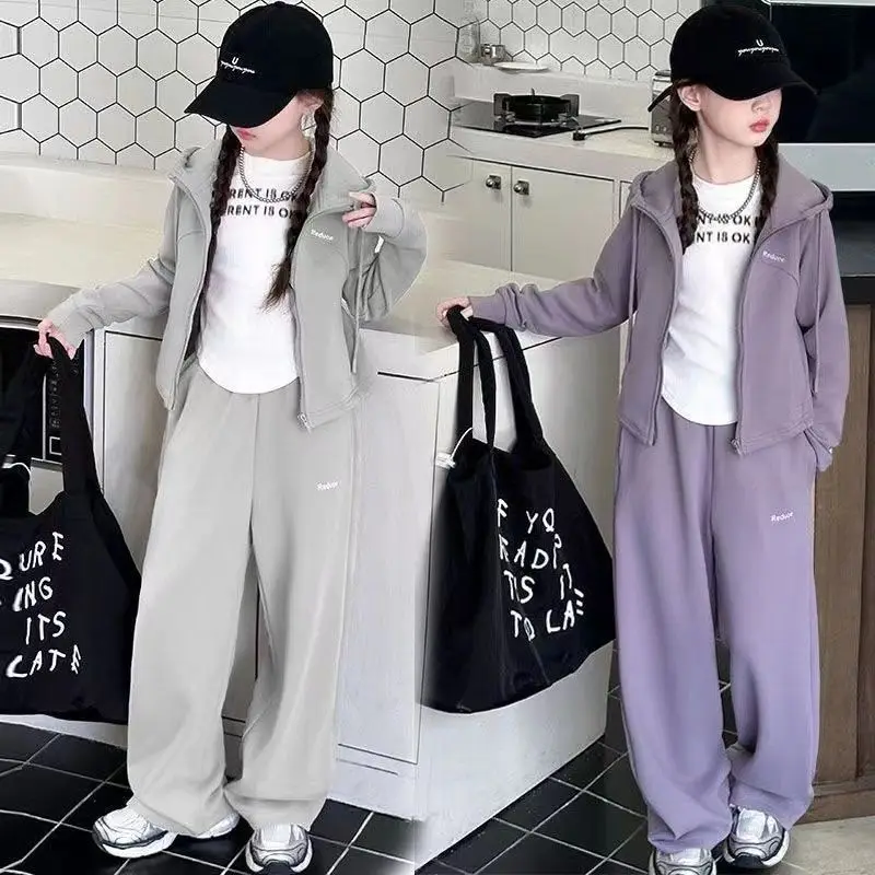 الخريف الأطفال الفتيات الملابس مجموعة في سن المراهقة مقنعين البلوز سستة بلوزات وسراويل أسفل 2 قطعة بلوزات طفل موضة رياضية