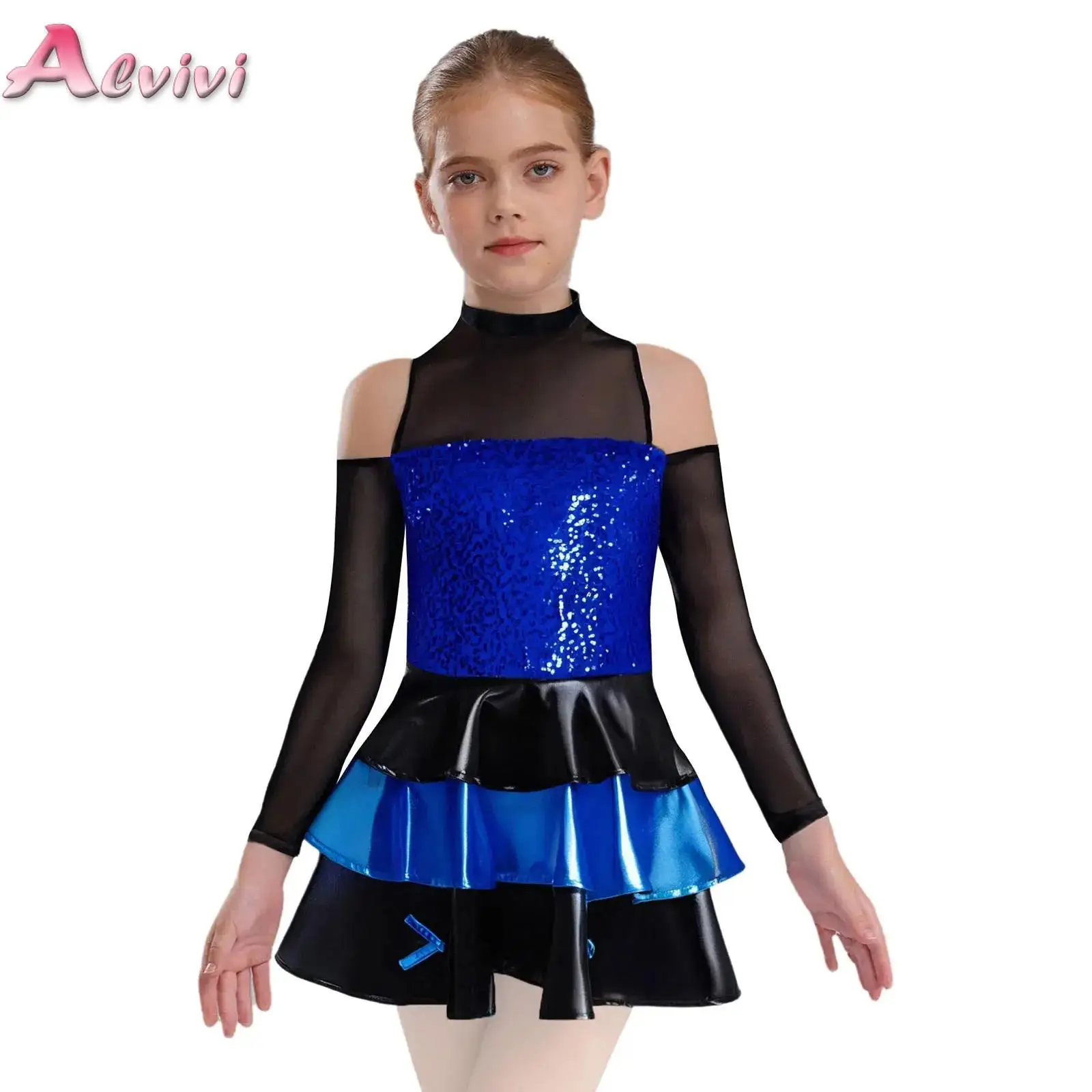 

New Shiny Sequins Tiered Ruffled Dress Kids Girls Dance Costume Professional Jazz Dance Dress Performance Latin Dancewear