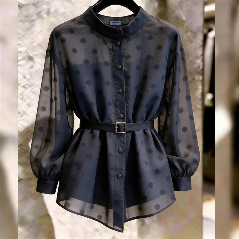 Beautiful Semi Transparent Shirt Women Blouse Design Sense Casual Wave Point Waist Cinching Spring Summer Autumn Temperament Top