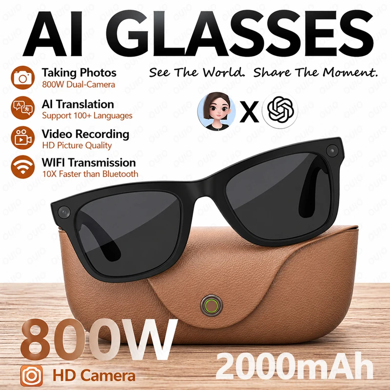 

2026 New Smart Glasses 800W Take Pictures Record Al Translation WIFI Transmission AI Recognition GPT 2000MAH Music Smart Glasses