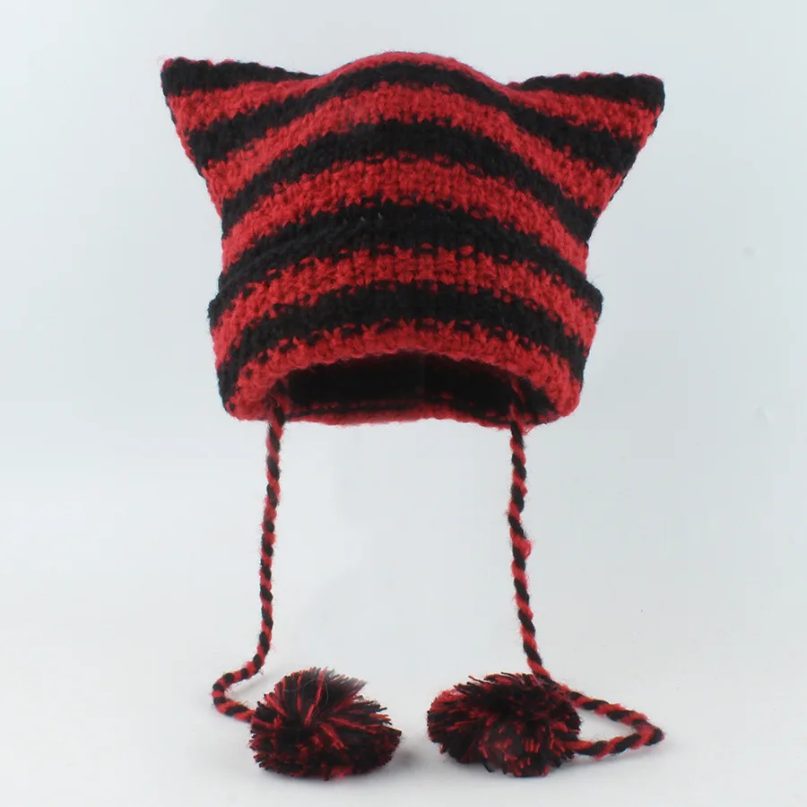 Japanese Y2K Cute Black White Striped Cat Ears Wool Hat Women Autumn Winter Warm Little Devil Hanging Ball Knitted Beanie Hat
