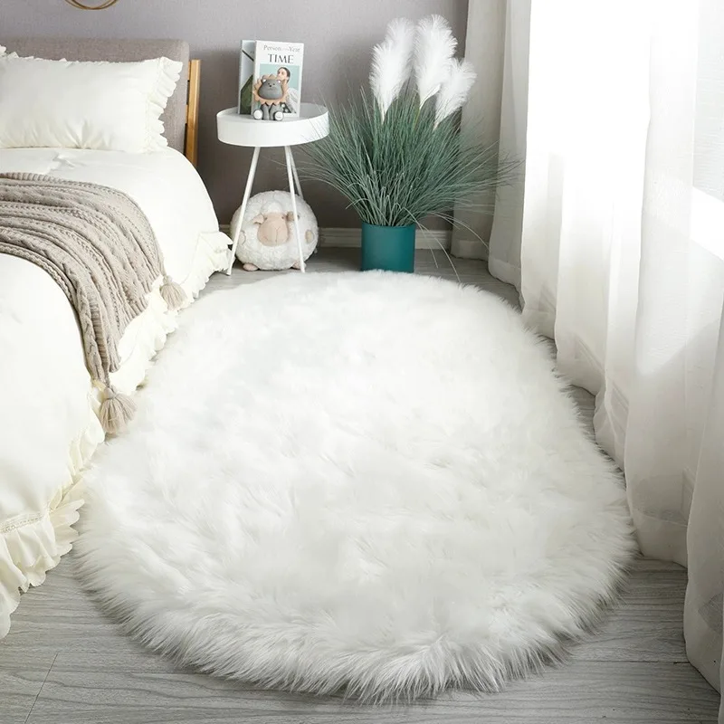 Oval Faux Sheepskin Rug Ultra Soft Fluffy Shaggy Carpet Non Slip Plush Floor Mat for Bedroom Bedside Living Room Sofa Home Decor
