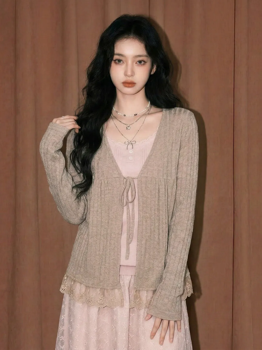 

Oatmeal Lace Knitted Sun Protection Open Cardigan Women's Spring Strap Outerwear Yunnan Tourism Clothing Thin Film Top