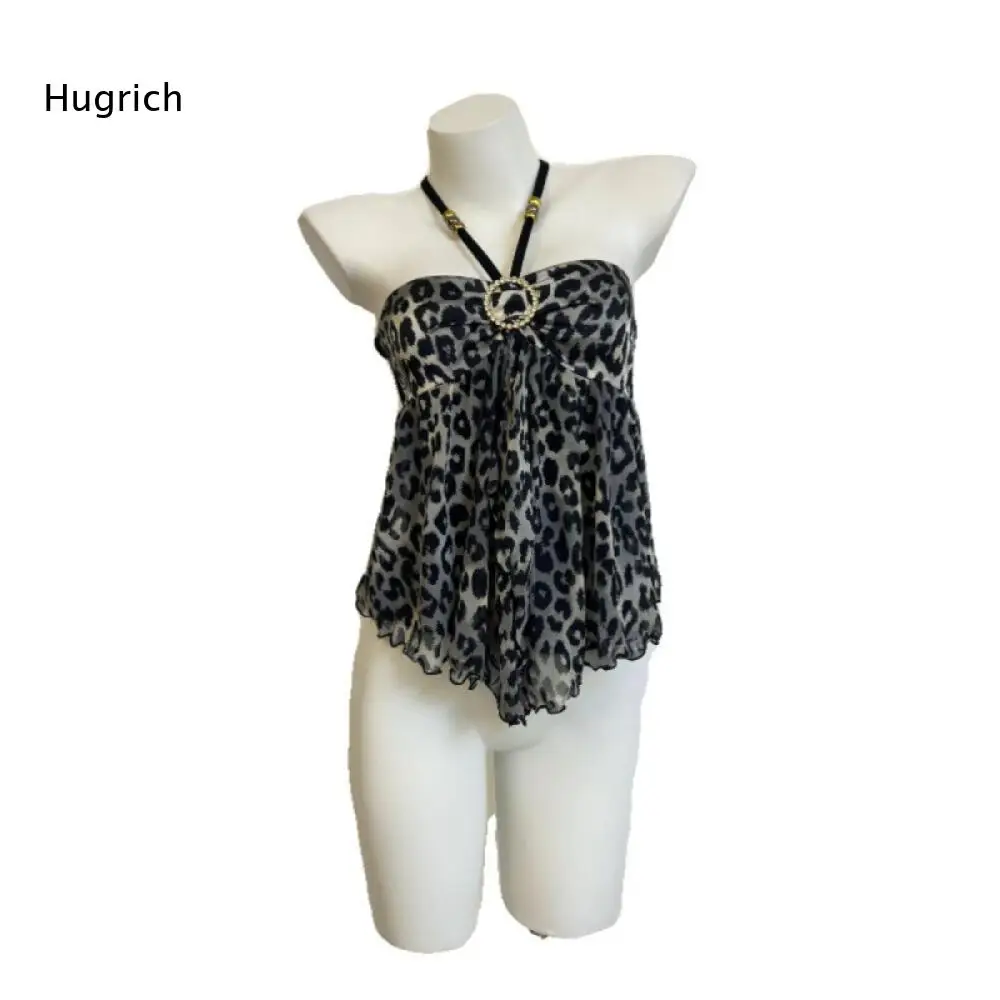 Irregular Ruffle Hem Halter Cami Blouse For Women Leopard Print Rhinestone Ring Ornament Sleeveless Loose Casual Tank Top