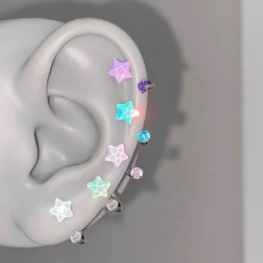 Ins Trendy Internal Thread Star Cartilage Earrings Titanium Horseshoe Ring Resin Five-pointed Star Labret Piercing Body Jewelry