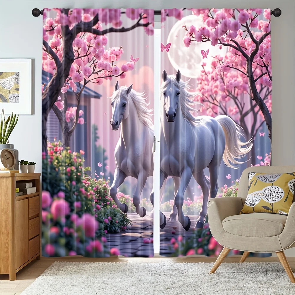 Pink Cherry Blossom Horse Curtain Panels Spring Floral Window Curtains Drapes Polyester Aesthetic Home Decor Bedroom Decoration