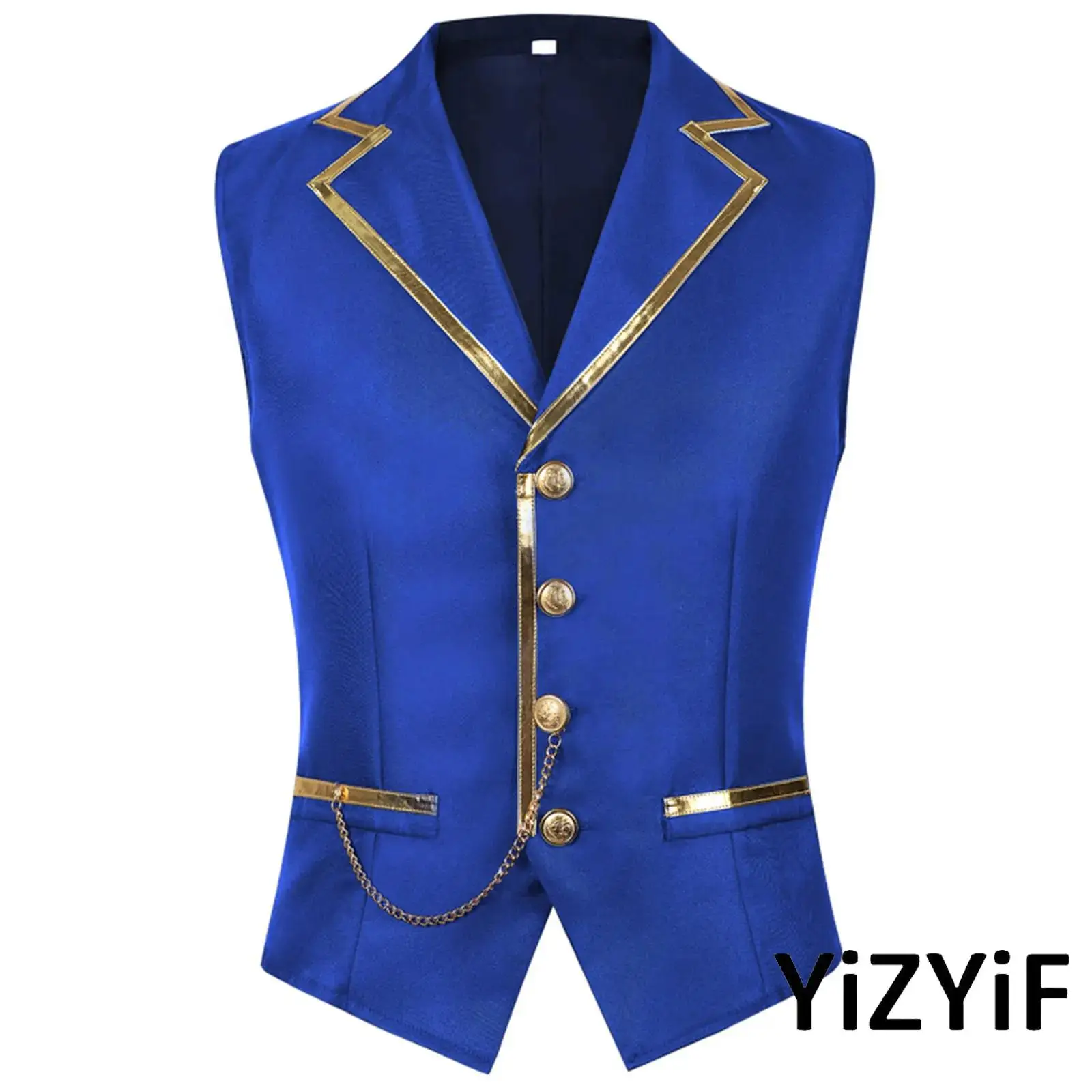 

Mens Steampunk Waistcoat Metallic Shiny Trim Chain Decor Front Gentleman Vest Tank Top for Halloween Cosplay Parties Overcoat