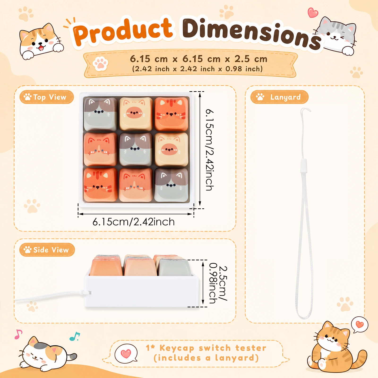 Cute Cat Relax Button Keycap Kawaii Cat 9-Key Keyboard Fidget Toy Gift Portable Fidget Keyboard Keychain Fashion Bag Charm