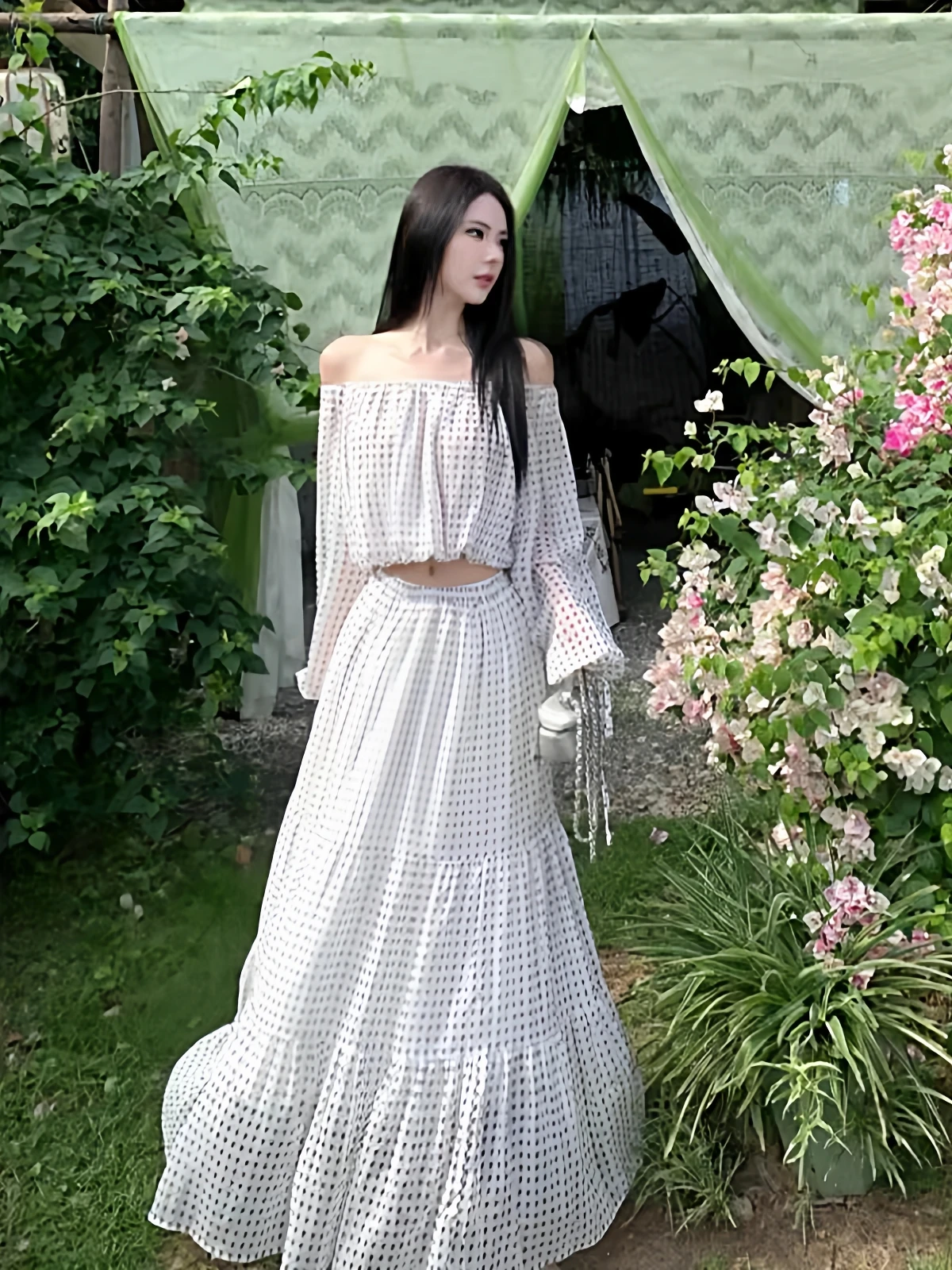 

Beautiful Traveling Polka Dot Set Women's Yunnan Travel Clothing One oulder Belly Button Loose Golden Tead Print Two Piec...