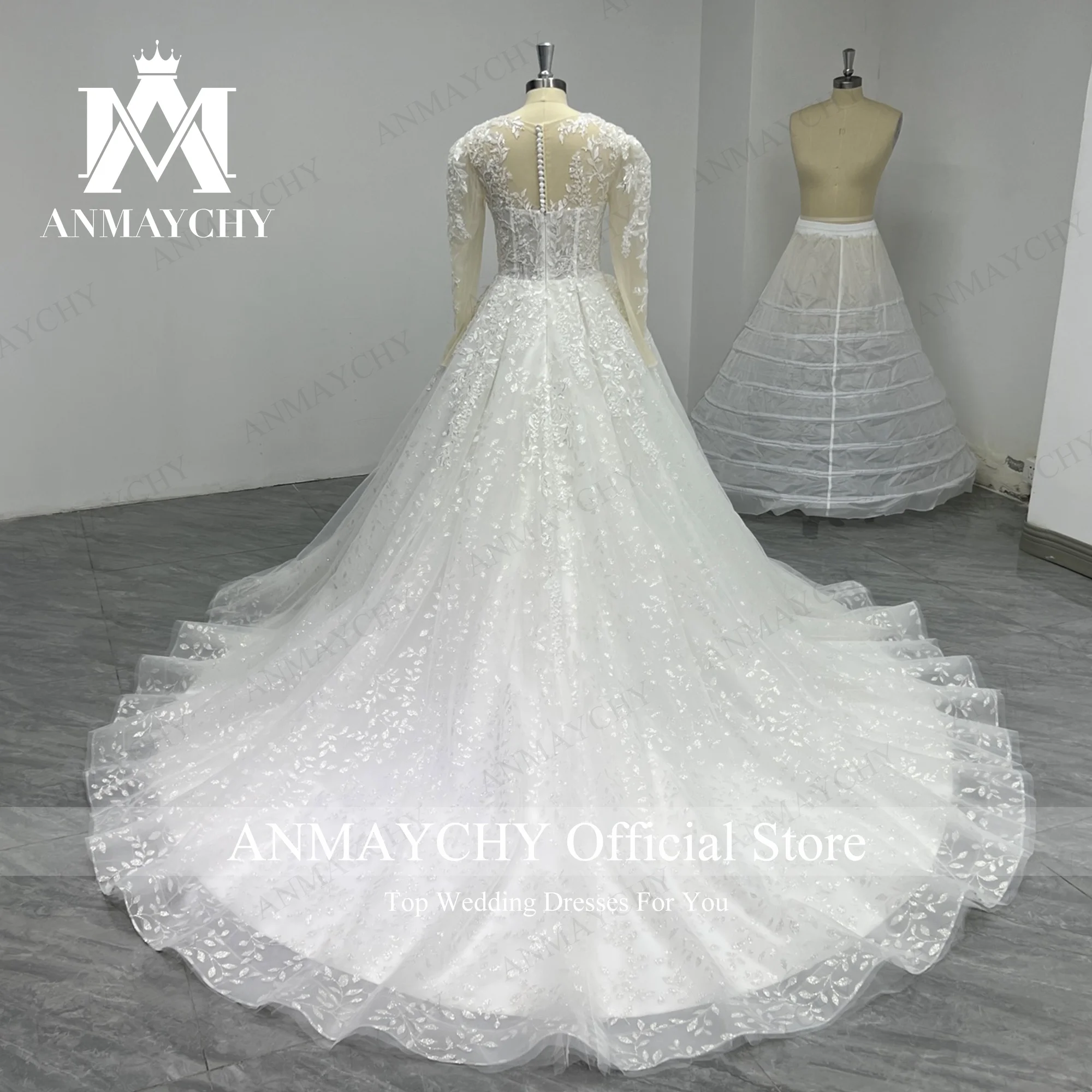 ANMAYCHY A-Line Wedding Dress 2023 Invisible Neckline Beading Appliques Brush Train Wedding Gown Vestidos Elegantes Para Mujer