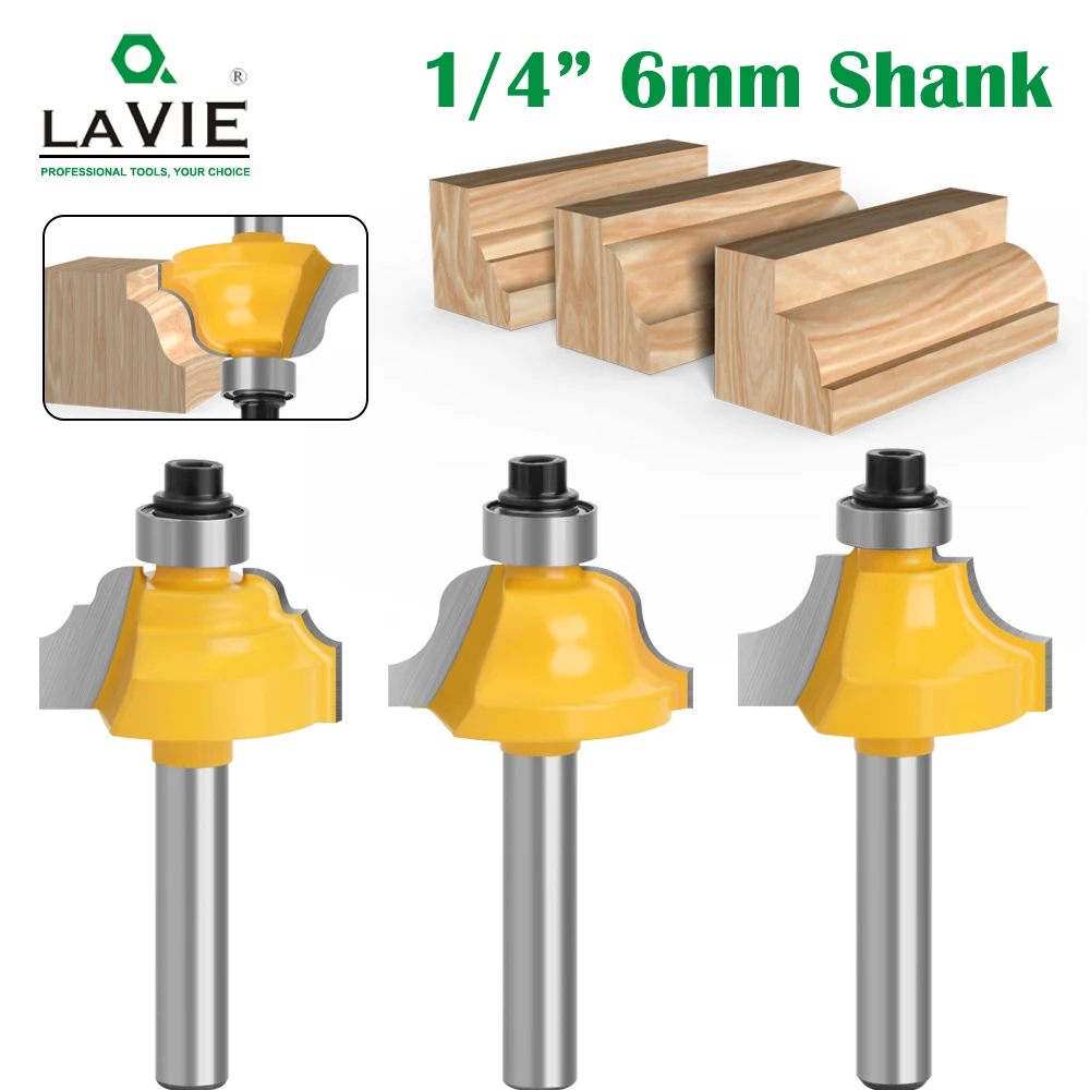 Carboneto de tungstênio Router Bits Set, 1,4 Shank, Beading Bit, Roman Ogee, Rolamento flautas duplas, Ferramentas para trabalhar madeira, 062, 3pcs