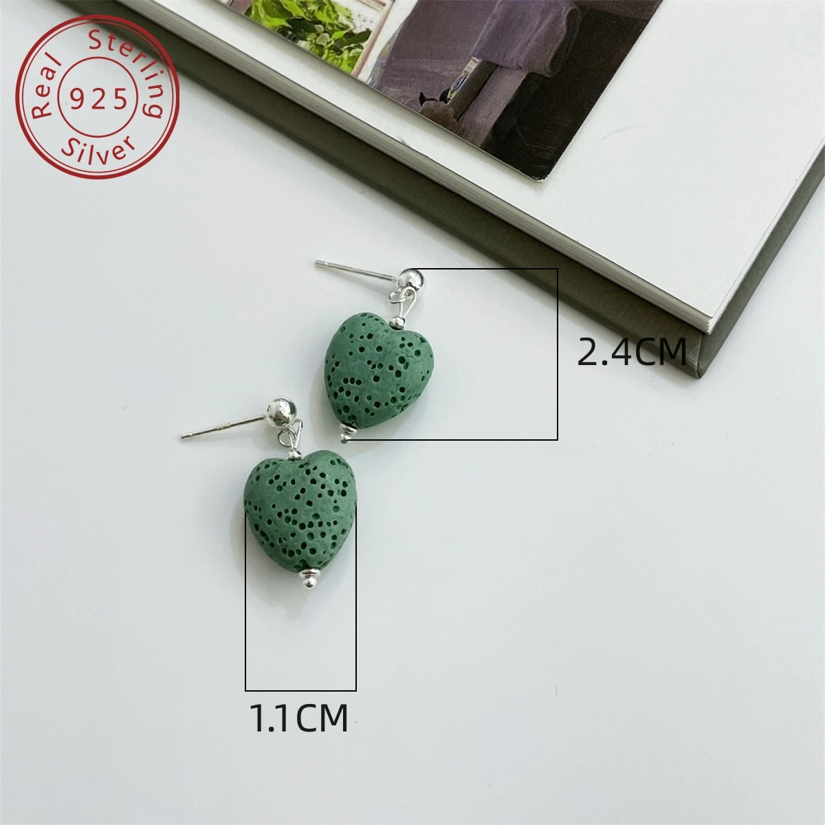 925 silver autumn and winter new natural volcanic stone green love heart earring set, Korean style match, niche design style