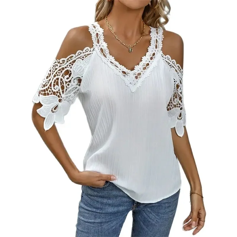 

Elegant Off The Shoulder Lace Short Sleeve Shirt Women V Neck Pullover Blouse New Female Casual Commuter Backless Suspenders Top