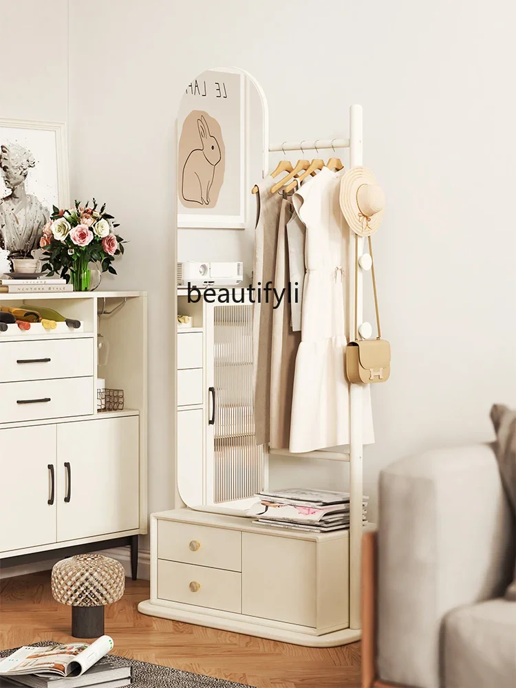 Designer Solid Wood Dressing Mirror Floor Mirror Bedroom Multi-Functional Cream White Clothes Rack Integrated Coat Rack