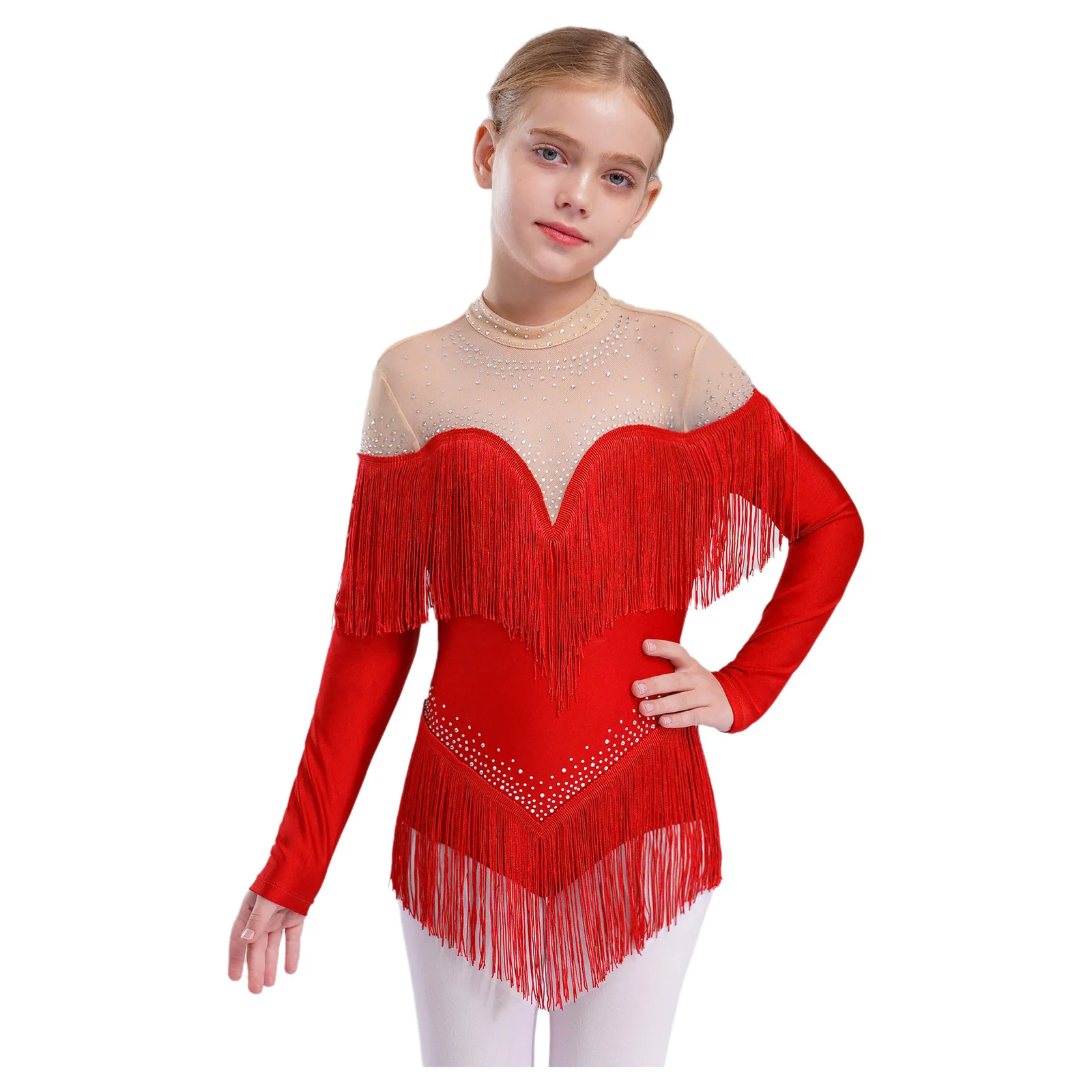 Bambini Ragazze Nappa Body da ballo latino Manica lunga Maglia trasparente Strass Tuta Sala da ballo Jazz Cha-Cha Tango Samba Dancewear