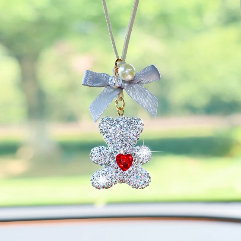 Cute Bowknot Bear Car Pendant, Creative Rhinestone Cartoon Car Rearview Mirror Hanging Decoration Accessory