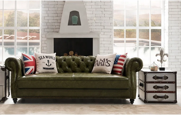 アメリカンヴィンテージストレートバックルソファ、カスタマイズ可能、本革/ワックスレザー/スノーフレークベルベット、カラマツ材フレーム、防水