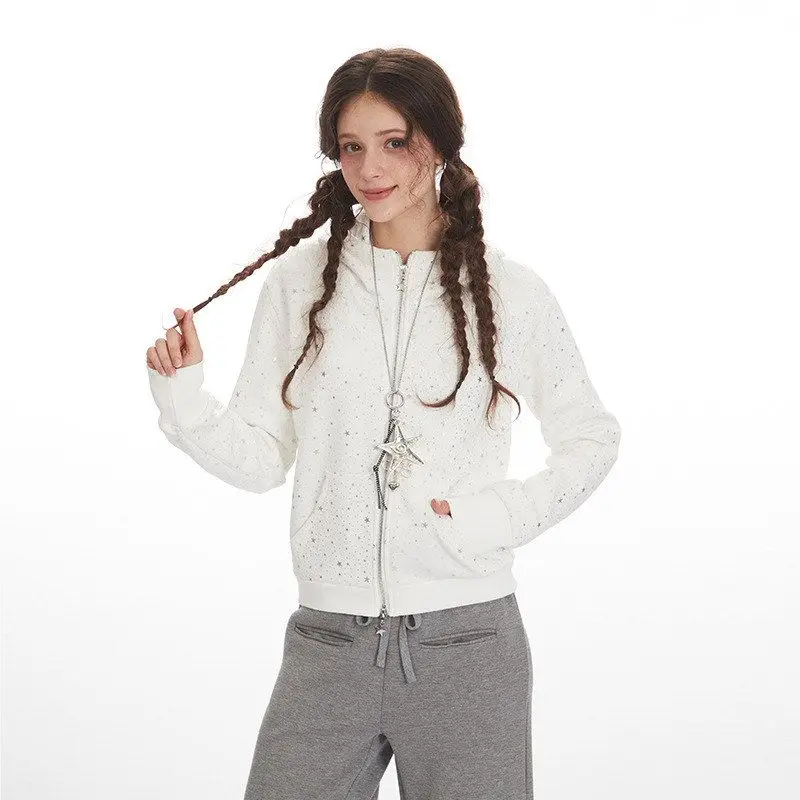 HeyHenry Zipper Hooded ort Cardigan Heavy Embroidery Star Print Slim Fit Women's Faion Autumn Wear Polyester Fiber