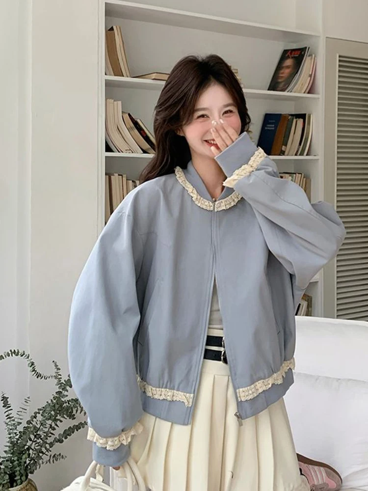 

Zoki кружевная лоскутная милая куртка женская свободная винтажная милая куртка в консервативном стиле женское пальто с длинным рукавом корейский ретро топы с круглым вырезом верхняя одежда