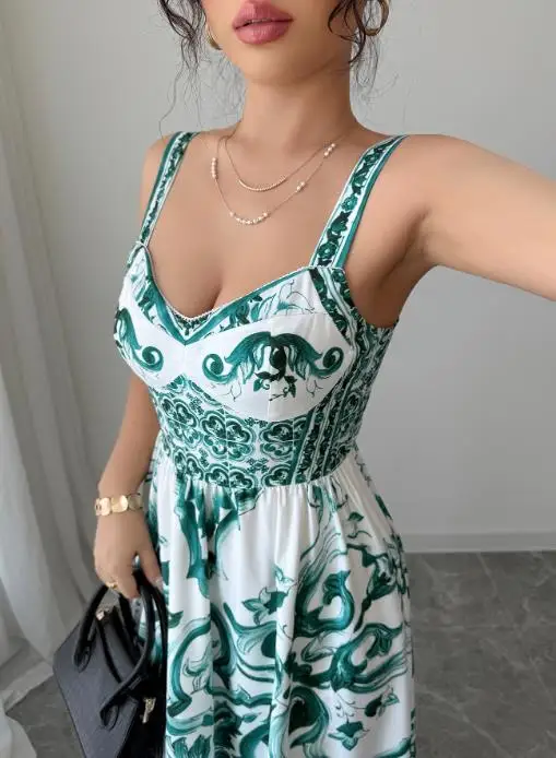 

2025 Casual and Minimalist Women's Vest Printed Long Skirt, Summer V-Neck Waist Cinched Flower Print Sleeveless Suspender Dress
