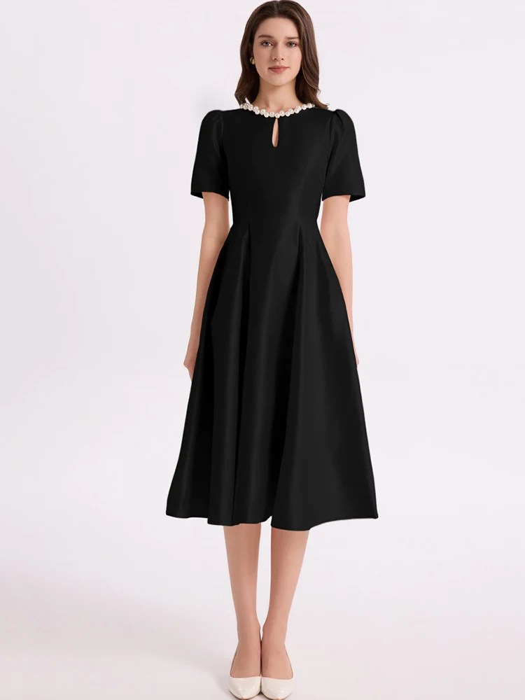 High Quality Solid Big Swing Dresses Spring Women O-neck Short Sleeve A-line Dress Autumn High Waist Pullover Knee Length Dress