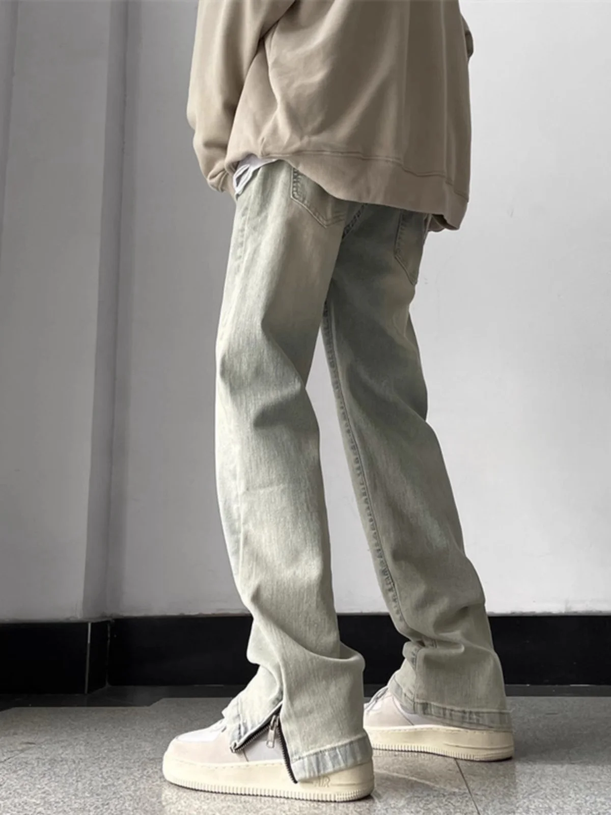 

American High Street Mud-Dyed Men's Jeans Loose Straight Leg Zipper Slit Vintage Waed Autumn Wear Youth Casual Denim Pants