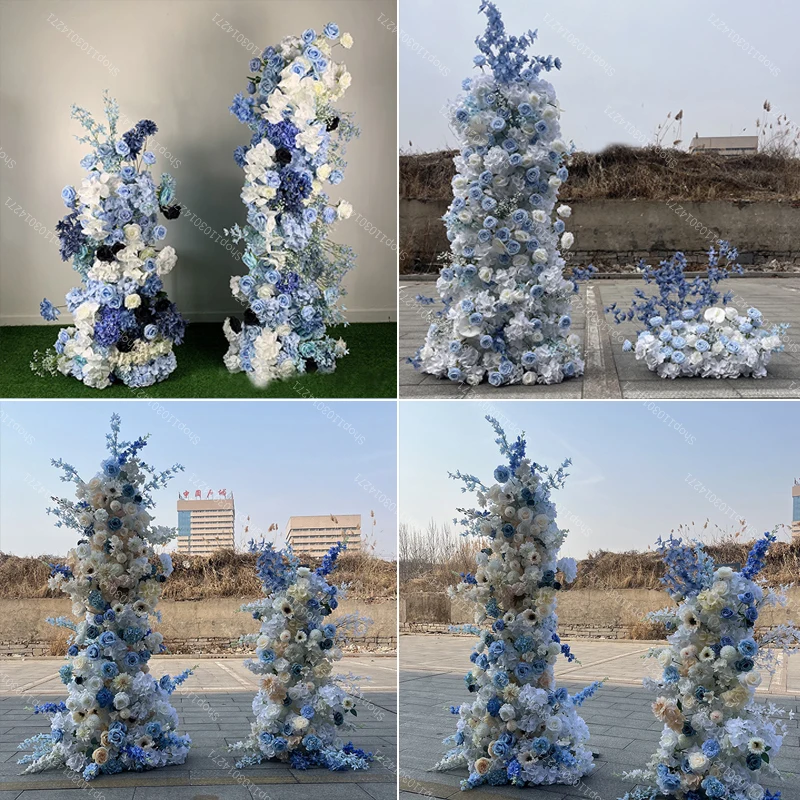 

Luxury Blue Royal Wedding Backdrop Floral Arrangement Rose Orchid Hydrangea Floor Flower Ball Event Banquet Window Display Party
