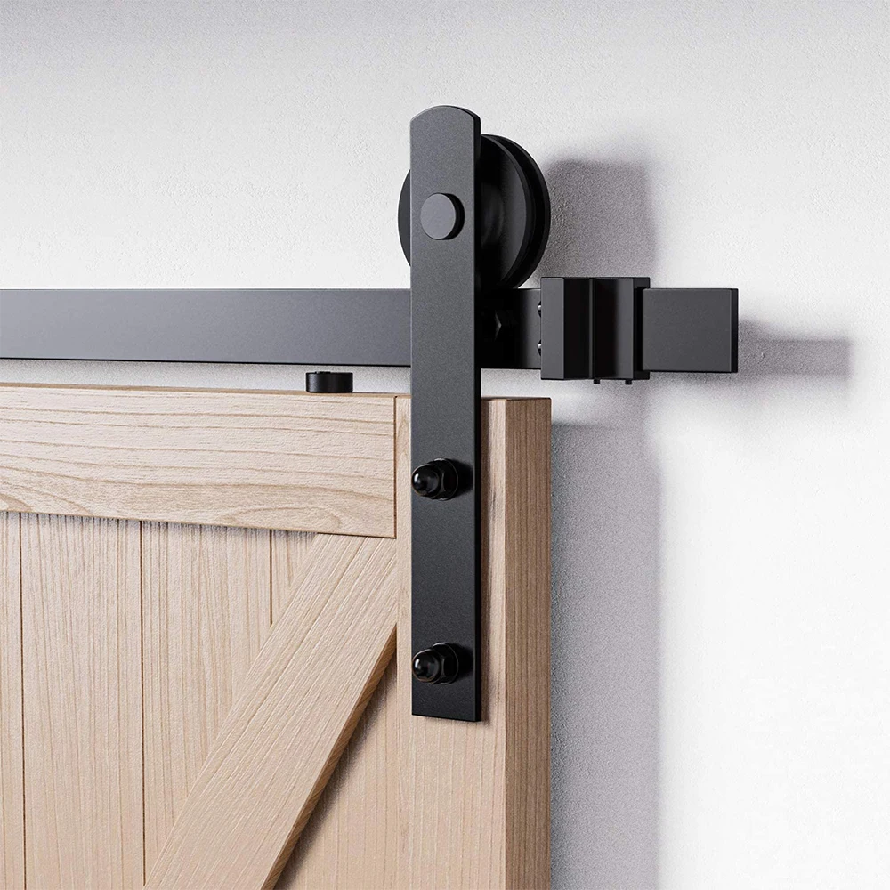 Imagem -02 - Lwzh Black Carbon Steel Sliding Barn Door Hardware 4-9.6ft Track Roller para Porta Dupla em Forma de i