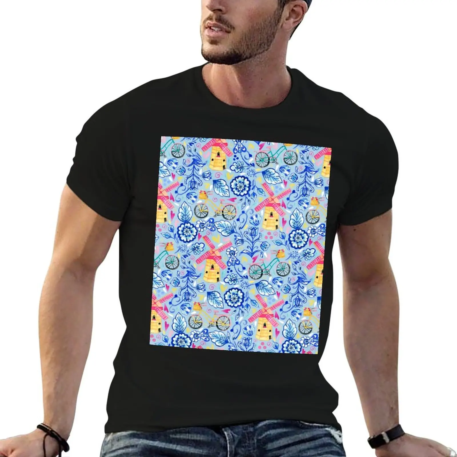 Netherlands Whimsy - Delft, Bicycles & Ornamental Windmills on Blue T-Shirt anime stuff cute clothes cotton t shirt men