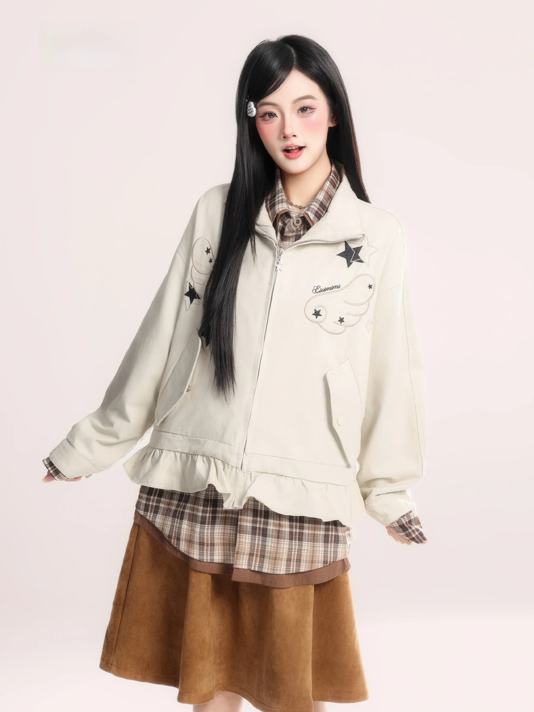 

HM American Retro Wing Embroidery Stand Collar Jaet Women's Loose Casual Top Trendy Spring New Sle Commute Wind