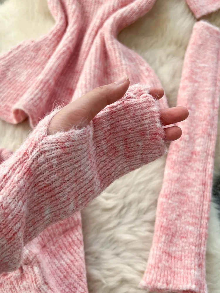 Setelan Sweater Kasmir Streetwear Wanita dengan Hiasan Manik-Manik, Atasan Rajut Oversleeve + Rok Panjang Elastis, Set Rajut Mutiara костюм