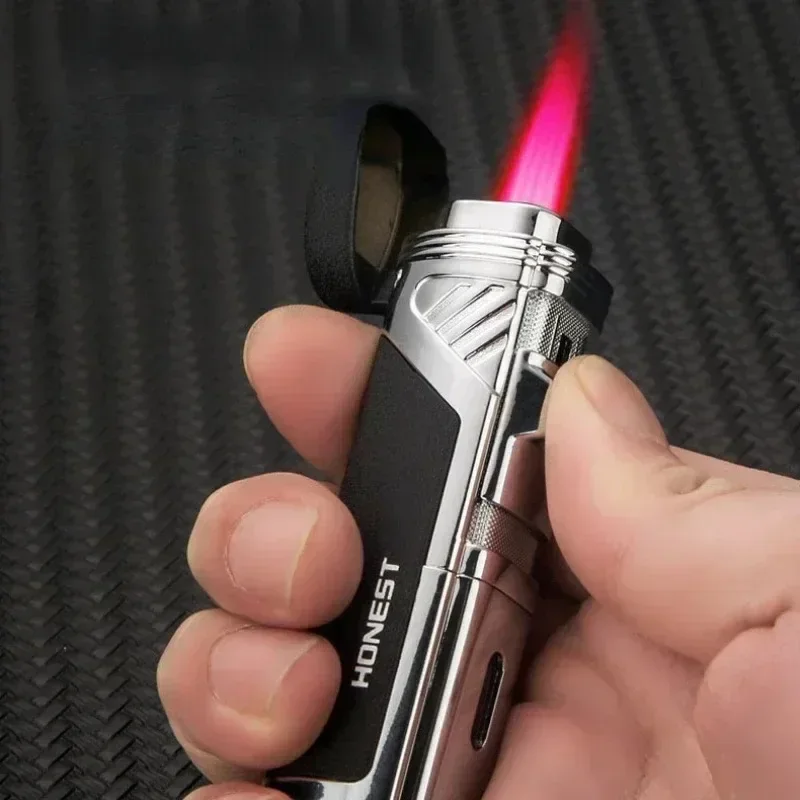 HONEST Outdoor Metal Windproof Butane Gas Lighter Creative Turbine Four-torch Direct Injection Red Flame Cigar Lighter